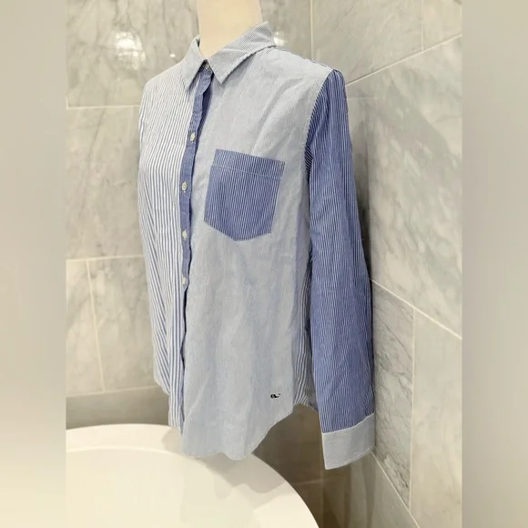 Vineyard Vines Blue White Stripe Mix Cotton Button Up Shirt Size 6 Preppy Classi - Picture 8 of 11